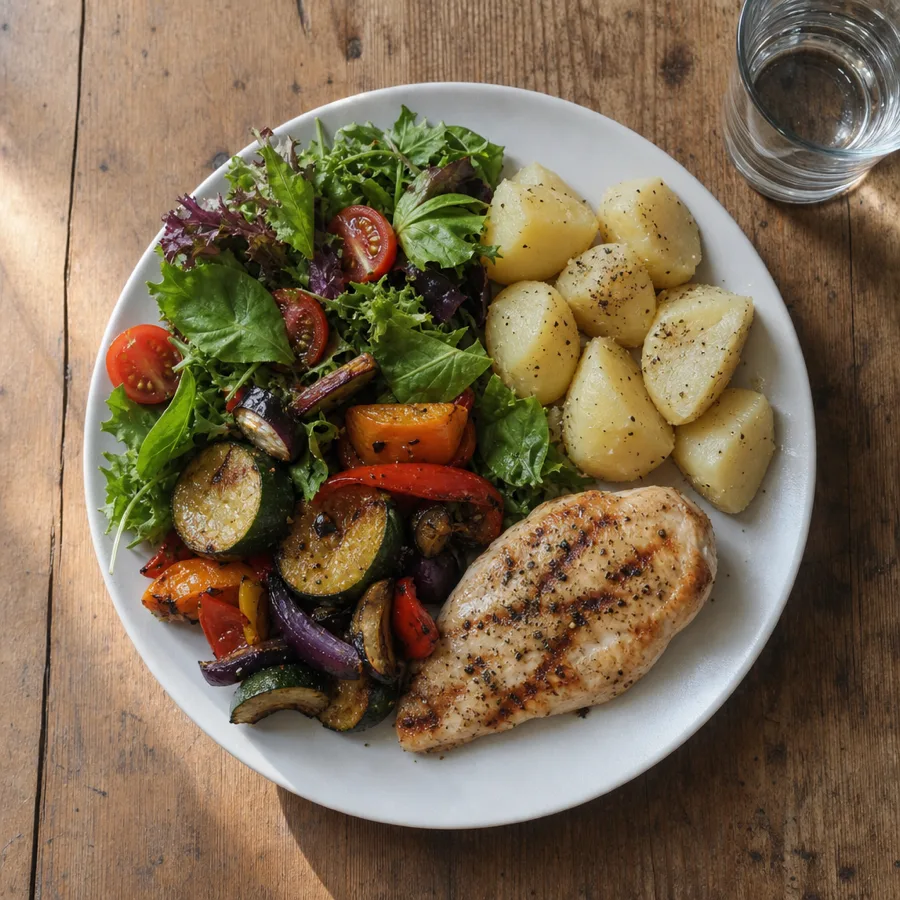 A Solum plate seen from above: a palm-sized portion of protein, half the plate vegetables, a fist of rice.