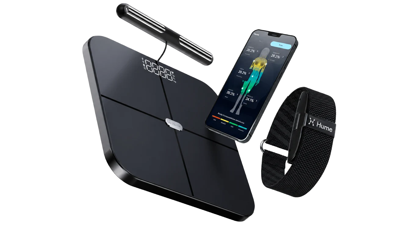 The Hume Body Pod with its handle and the Hume Band, beside the body composition app on a phone.